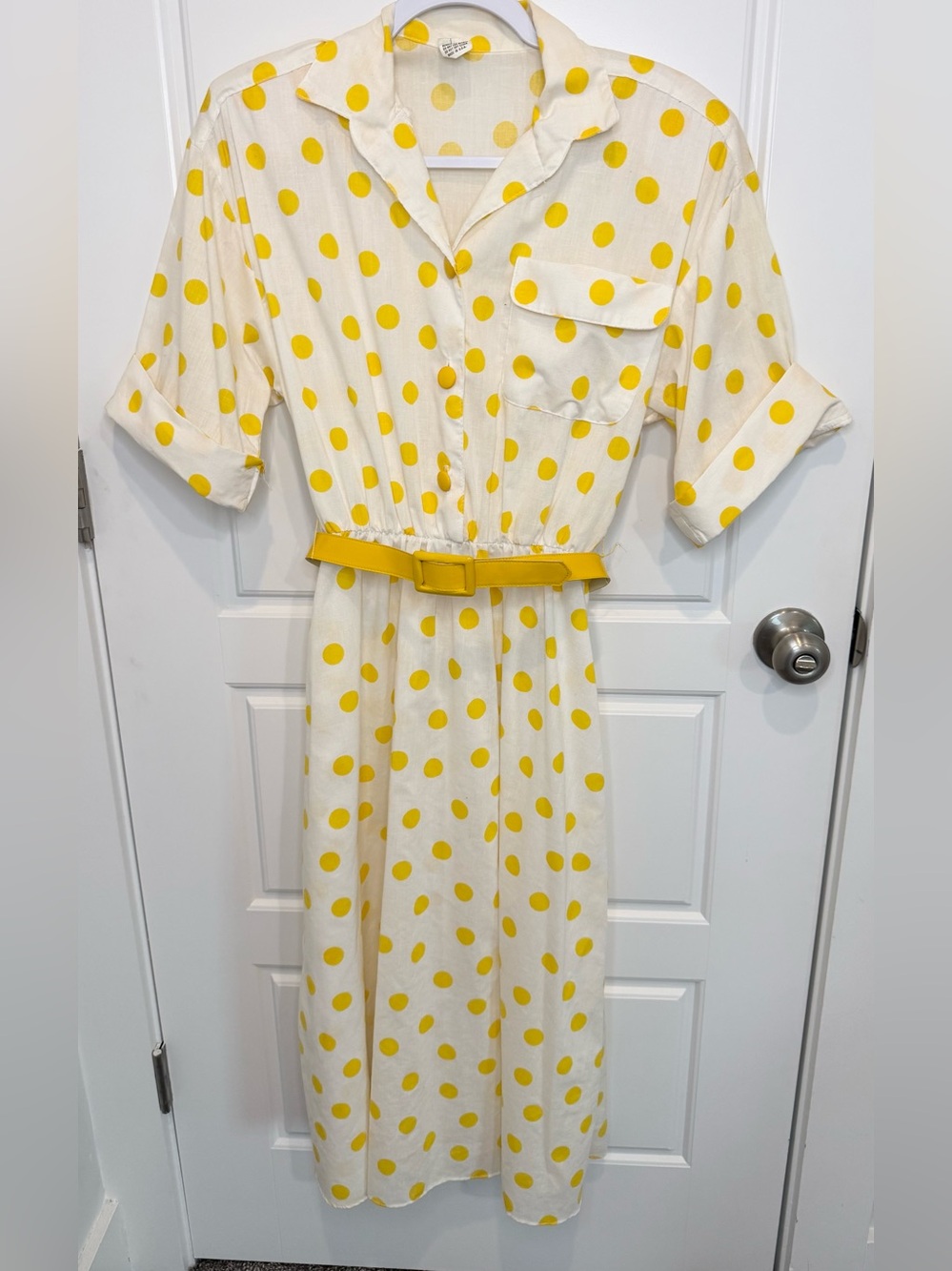 Vintage Unbranded Yellow White Polka Dot Tea Dress Belted 1960’s? Size 7